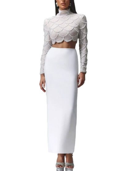 Cropped Embellished Top and Skirt Set in White - Suits & Sets