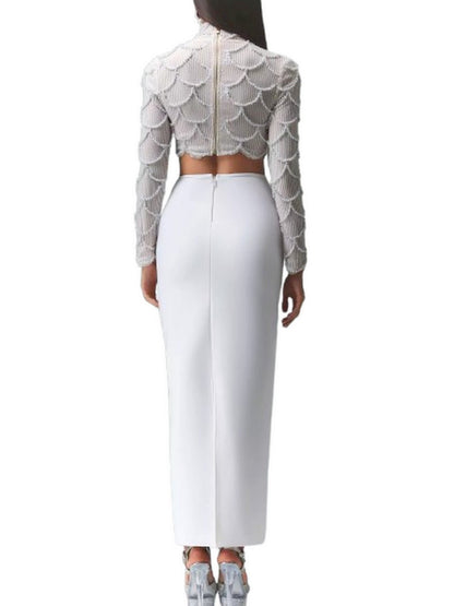 Cropped Embellished Top and Skirt Set in White - Suits & Sets