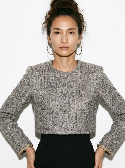 Cropped Grey Bouclé Tweed Jacket with Gold Cuff Trim - Jackets
