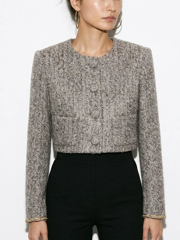 Cropped Grey Bouclé Tweed Jacket with Gold Cuff Trim - Jackets