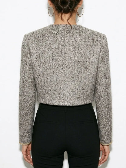 Cropped Grey Bouclé Tweed Jacket with Gold Cuff Trim - Jackets
