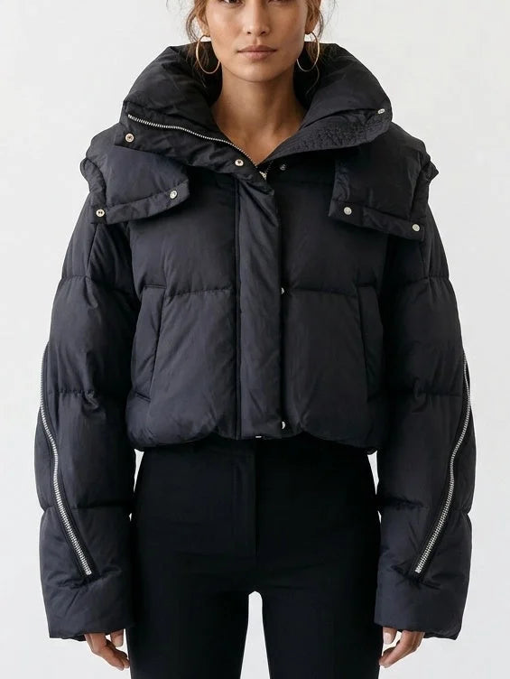 Cropped Hooded Puffer Jacket with Zip Details - Jackets