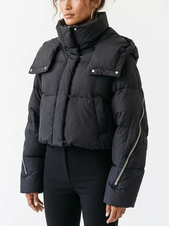 Cropped Hooded Puffer Jacket with Zip Details - Jackets