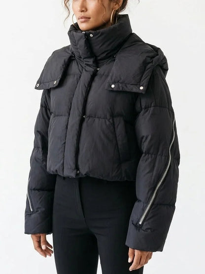 Cropped Hooded Puffer Jacket with Zip Details - Jackets