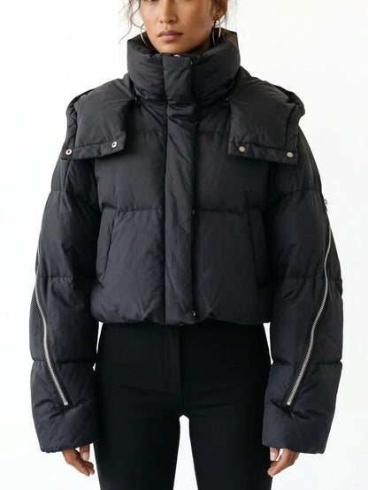 Cropped Hooded Puffer Jacket with Zip Details - Jackets