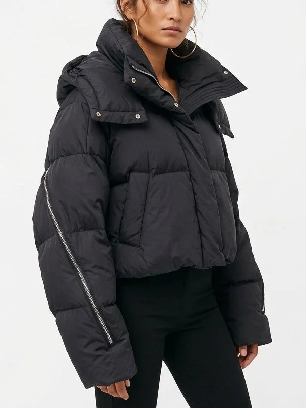 Cropped Hooded Puffer Jacket with Zip Details - Jackets