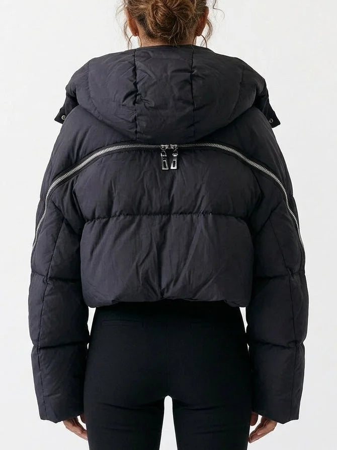 Cropped Hooded Puffer Jacket with Zip Details - Jackets