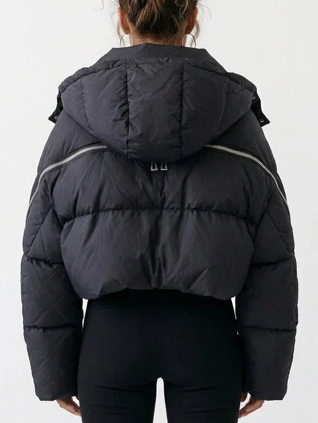 Cropped Hooded Puffer Jacket with Zip Details - Jackets