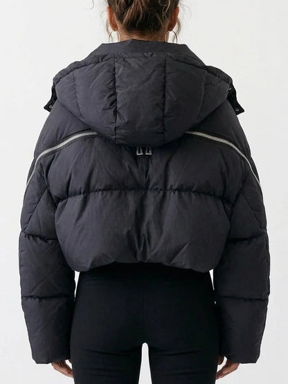 Cropped Hooded Puffer Jacket with Zip Details - Jackets