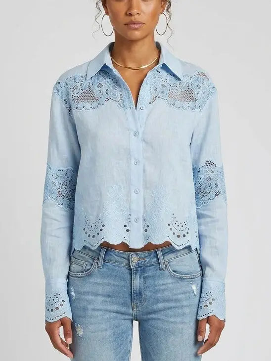 Cropped Lace Embroidered Linen Silk Shirt - Small / Light Blue - Tops