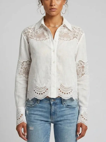 Cropped Lace Embroidered Linen Silk Shirt - Tops
