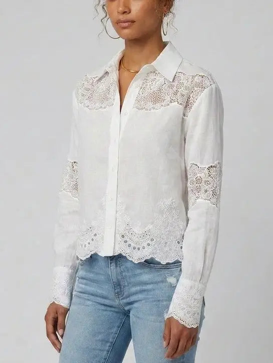 Cropped Lace Embroidered Linen Silk Shirt - Tops