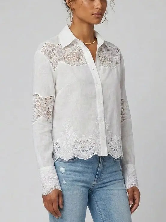 Cropped Lace Embroidered Linen Silk Shirt - Tops