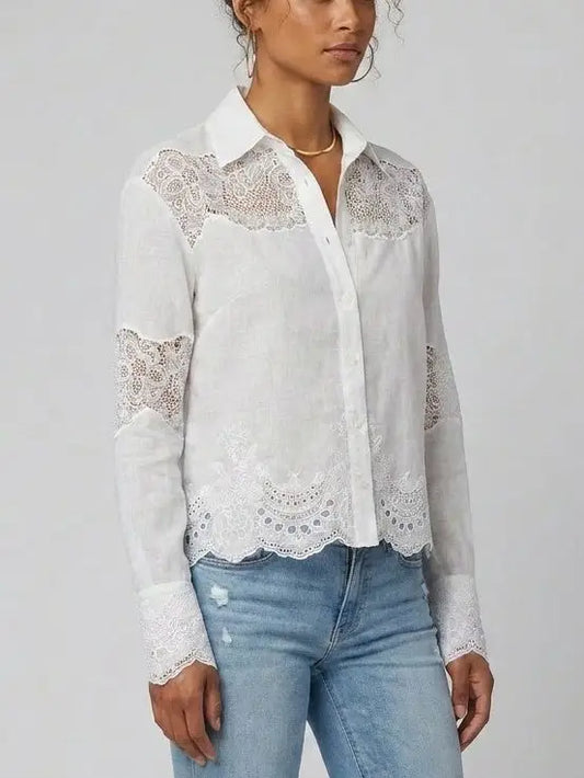 Cropped Lace Embroidered Linen Silk Shirt - Tops