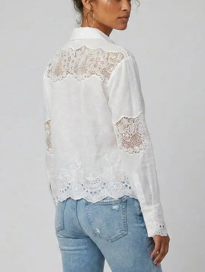 Cropped Lace Embroidered Linen Silk Shirt - Tops
