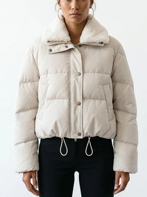 Cropped Puffer Jacket with Shearling Collar and Drawstring Hem - Jackets