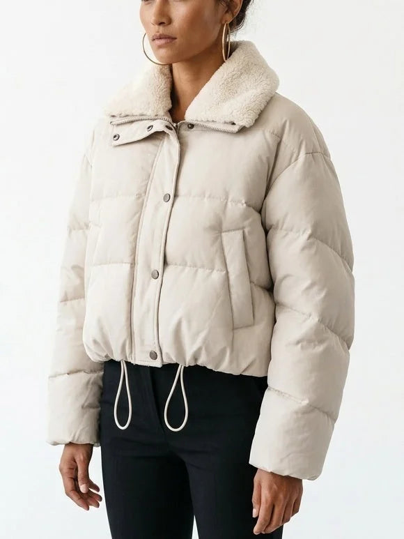 Cropped Puffer Jacket with Shearling Collar and Drawstring Hem - Jackets
