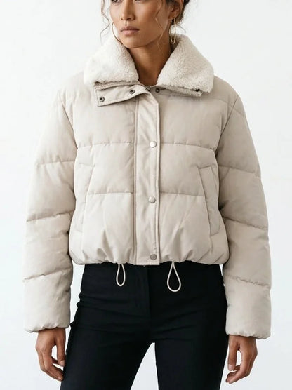 Cropped Puffer Jacket with Shearling Collar and Drawstring Hem - Jackets