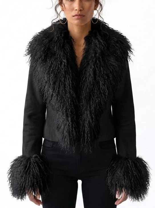 Cropped Suede Jacket with Plush Fur Trim - S / Black - Jackets