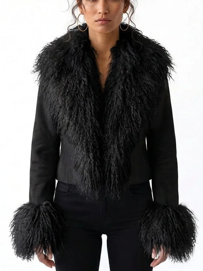 Cropped Suede Jacket with Plush Fur Trim - S / Black - Jackets