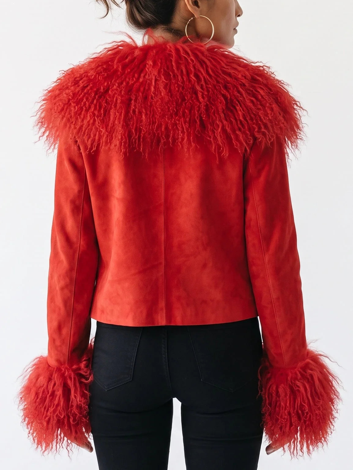 Cropped Suede Jacket with Plush Fur Trim - Jackets