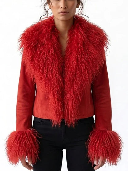 Cropped Suede Jacket with Plush Fur Trim - Jackets
