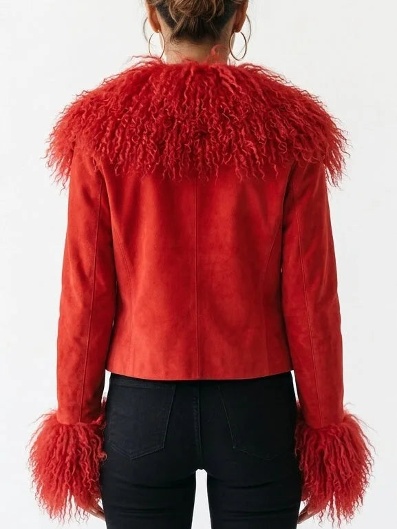 Cropped Suede Jacket with Plush Fur Trim - Jackets