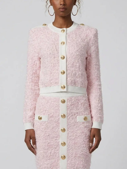 Pink Textured Knit Cardigan and Mini Skirt Set - Suits & Sets