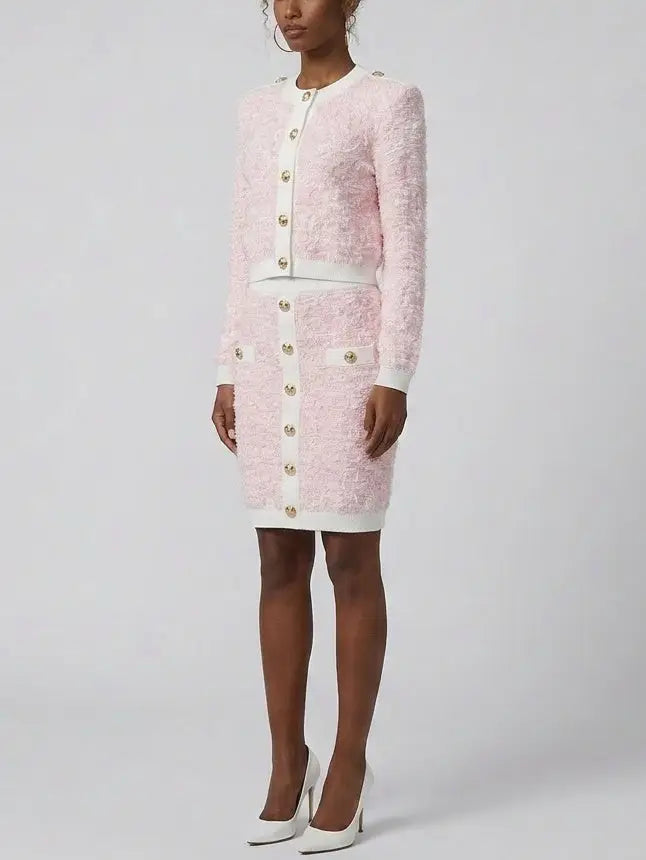 Pink Textured Knit Cardigan and Mini Skirt Set - Suits & Sets