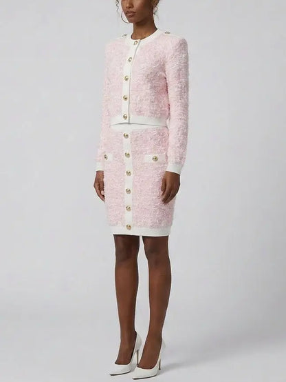 Pink Textured Knit Cardigan and Mini Skirt Set - Suits & Sets
