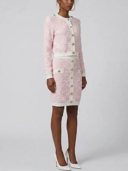 Pink Textured Knit Cardigan and Mini Skirt Set - Suits & Sets