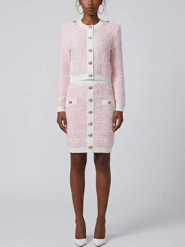 Pink Textured Knit Cardigan and Mini Skirt Set - Suits & Sets