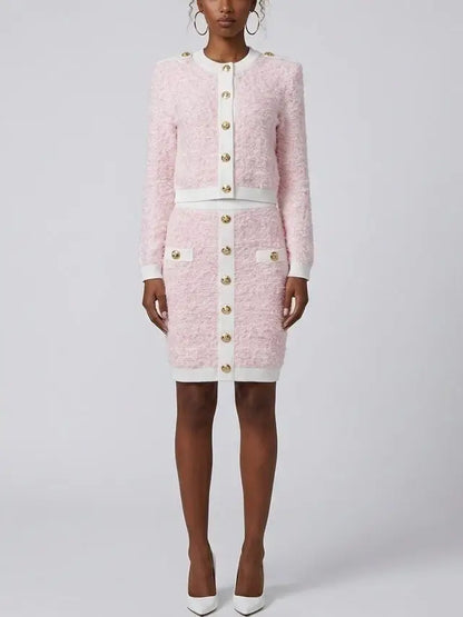 Pink Textured Knit Cardigan and Mini Skirt Set - Suits & Sets