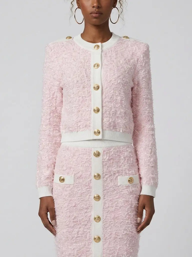 Pink Textured Knit Cardigan and Mini Skirt Set - Suits & Sets
