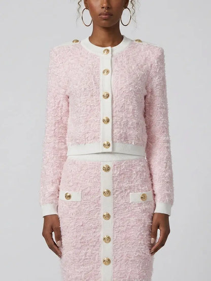 Pink Textured Knit Cardigan and Mini Skirt Set - Suits & Sets