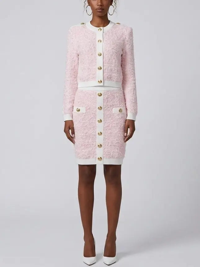 Pink Textured Knit Cardigan and Mini Skirt Set - Suits & Sets
