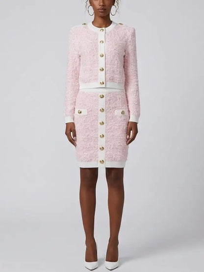 Pink Textured Knit Cardigan and Mini Skirt Set - Suits & Sets
