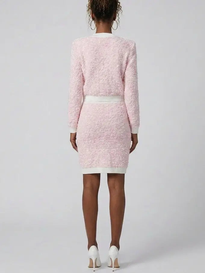 Pink Textured Knit Cardigan and Mini Skirt Set - Suits & Sets