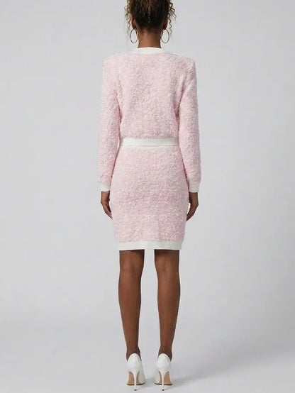Pink Textured Knit Cardigan and Mini Skirt Set - Suits & Sets