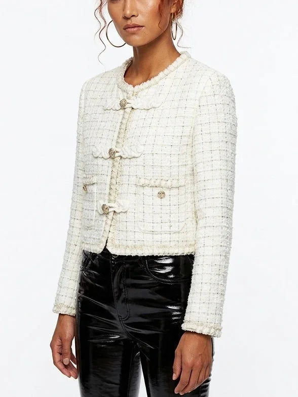 Cropped Tweed Jacket with Braided Trim and Patch Pockets - Jackets