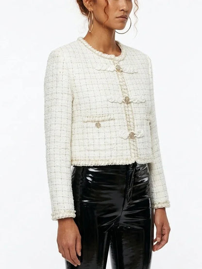 Cropped Tweed Jacket with Braided Trim and Patch Pockets - Jackets