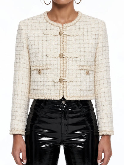 Cropped Tweed Jacket with Braided Trim and Patch Pockets - Jackets