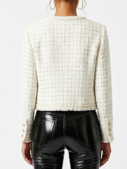 Cropped Tweed Jacket with Braided Trim and Patch Pockets - Jackets