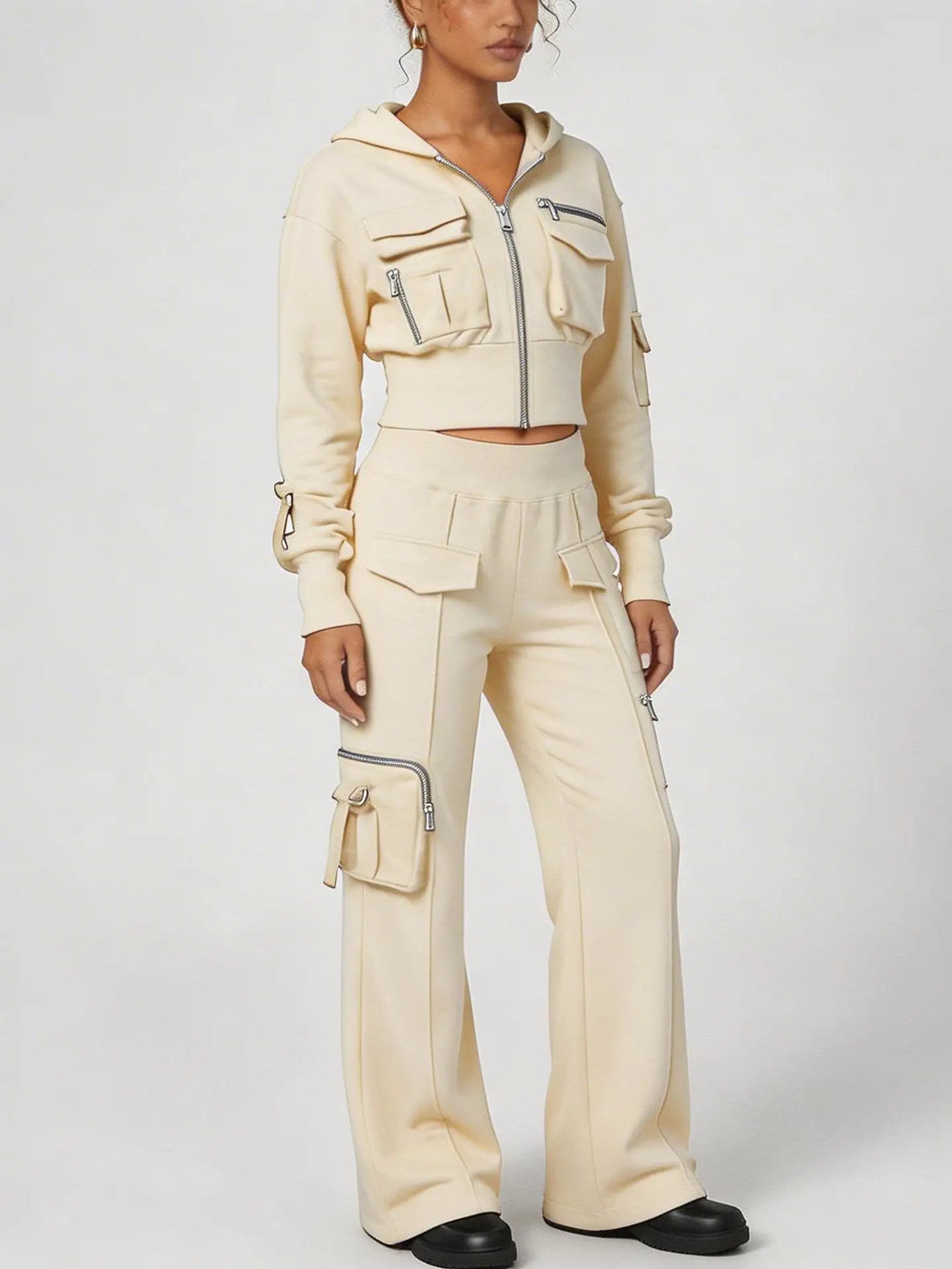 Cropped Zip Hoodie and Cargo Pants Set - Small / Light Beige - Suits & Sets