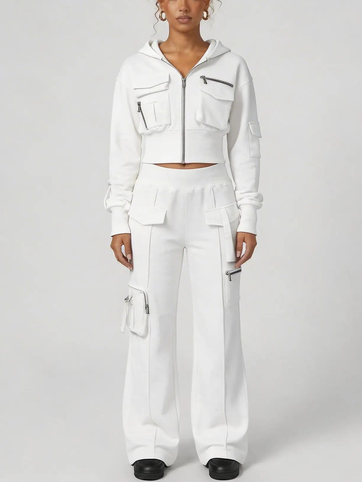 Cropped Zip Hoodie and Cargo Pants Set - Small / White - Suits & Sets