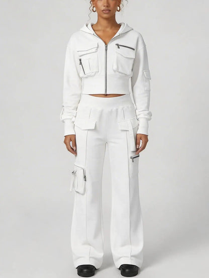 Cropped Zip Hoodie and Cargo Pants Set - Small / White - Suits & Sets