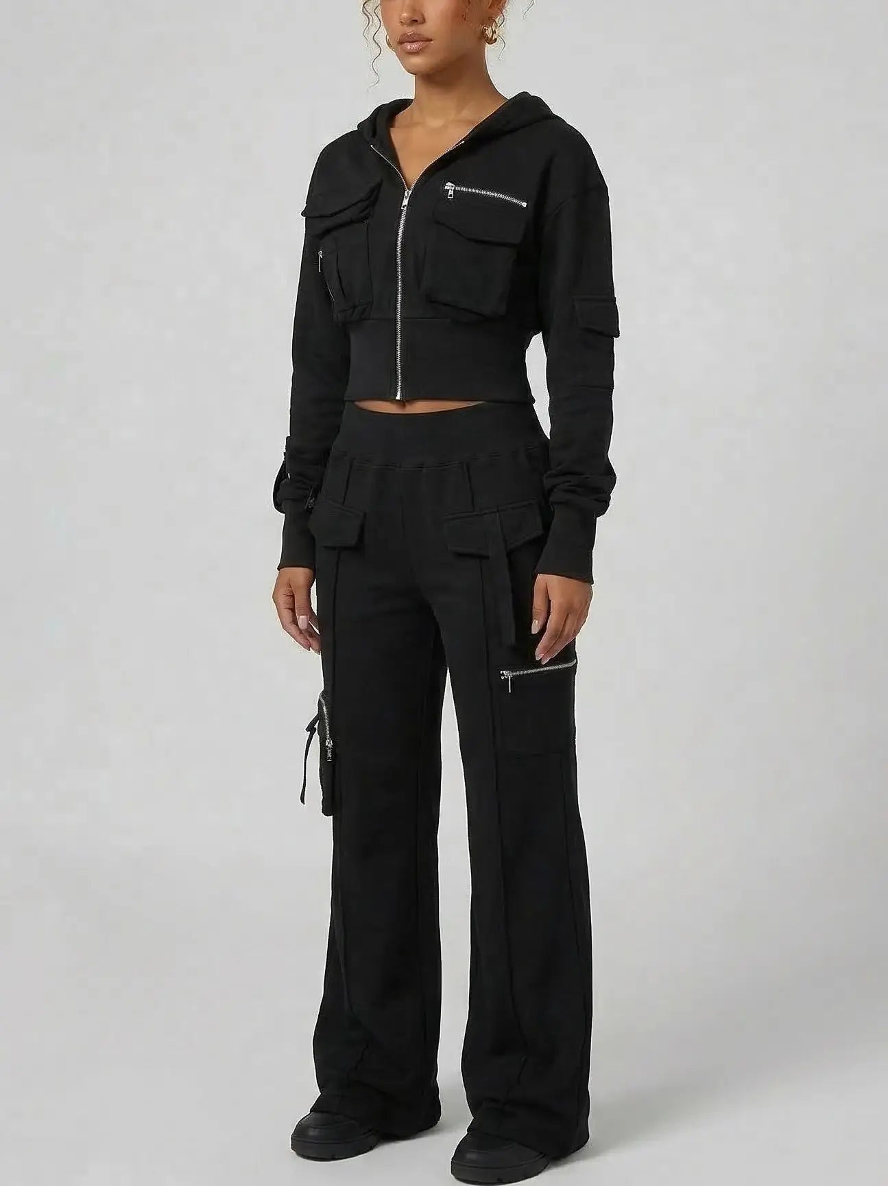 Cropped Zip Hoodie and Cargo Pants Set - Suits & Sets