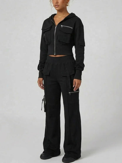 Cropped Zip Hoodie and Cargo Pants Set - Suits & Sets