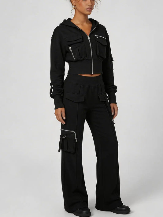Cropped Zip Hoodie and Cargo Pants Set - Suits & Sets