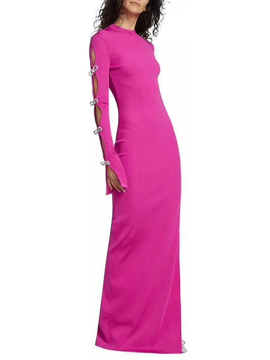 Crystal Bow-Embellished Cut-Out Fuchsia Pink Dress - Branna Couture